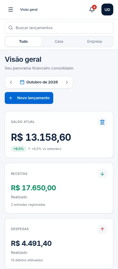ADS Finanças no celular — Visão geral com saldo, receitas e despesas (conta demonstração).